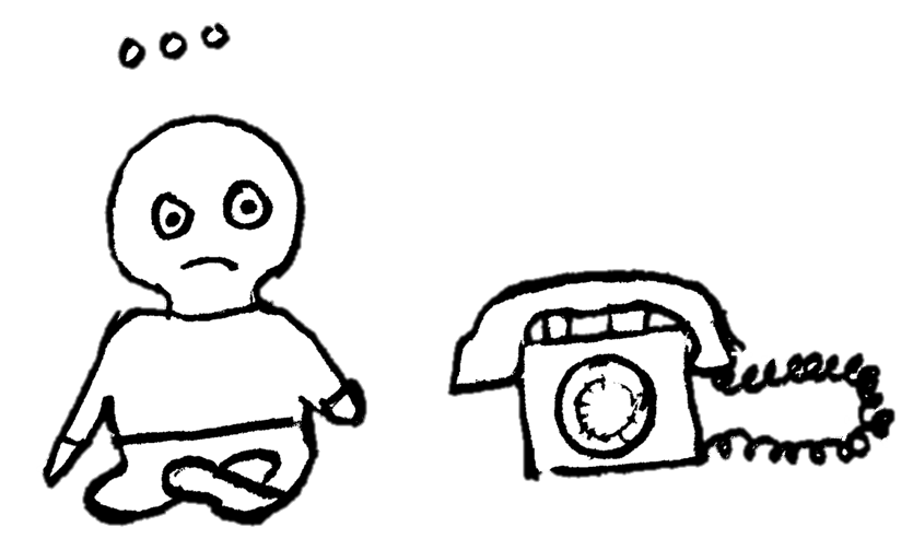 A doodle of a figure seated cross-legged beside a rotary phone with an ellipsis over their head.